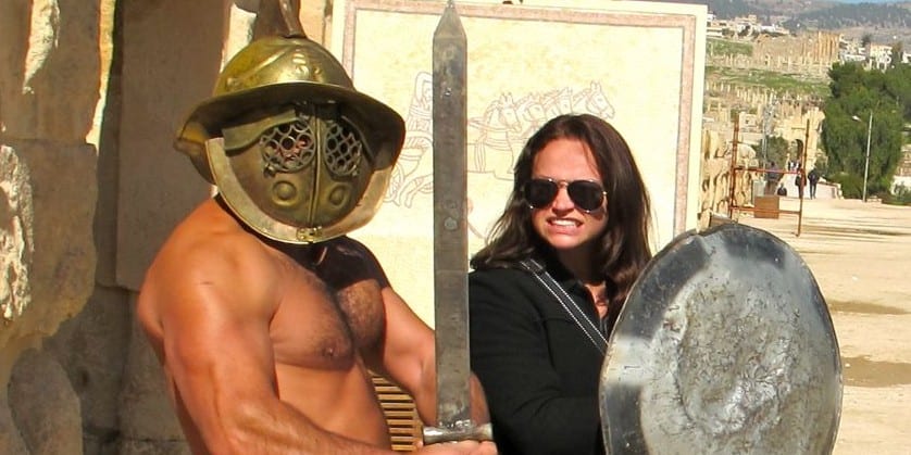 Fighting with a gladiator in Jerash, Jordan