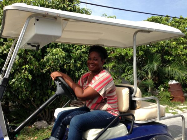Nikki in her golf cart - do not pass go without stopping in to chat with her about Staniel!