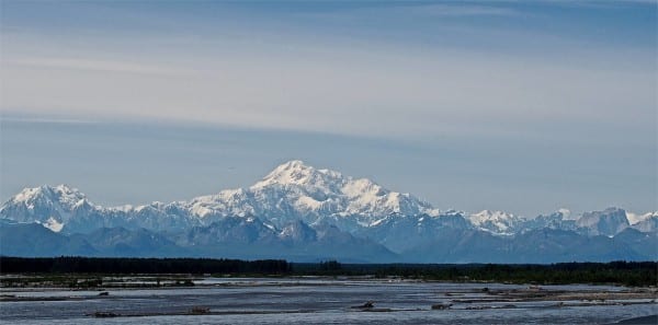 Heading south toward Anchorage, lucky travelers can turn back and see Mt. McKinley lording over the landscape