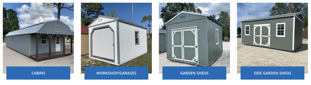 Four photos of sheds, cabins, and workshops from Coastal Buildings